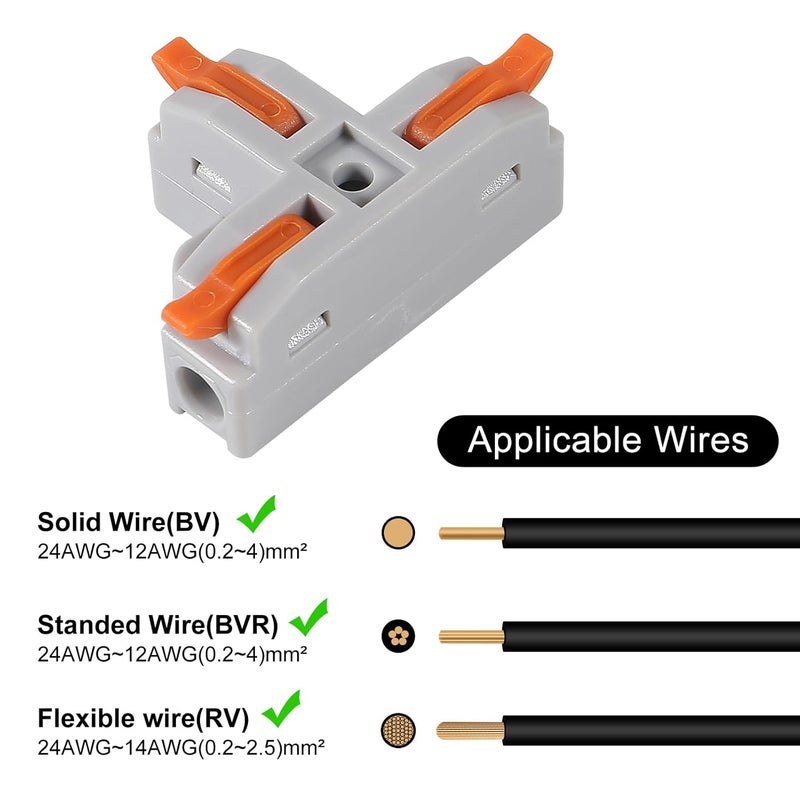 Meimom 10Pcs Compact Wire Conductor Connector, T-Shape Lever Nut Wire Connector, Quick Splitter 3 Way Electrical Connectors, AWG 28-12 - Image 4